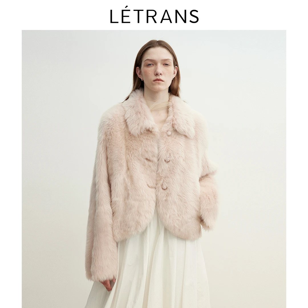 元一 Letrans 秋日秘境 粉色翻领托斯卡纳直毛皮草皮毛一体短外套