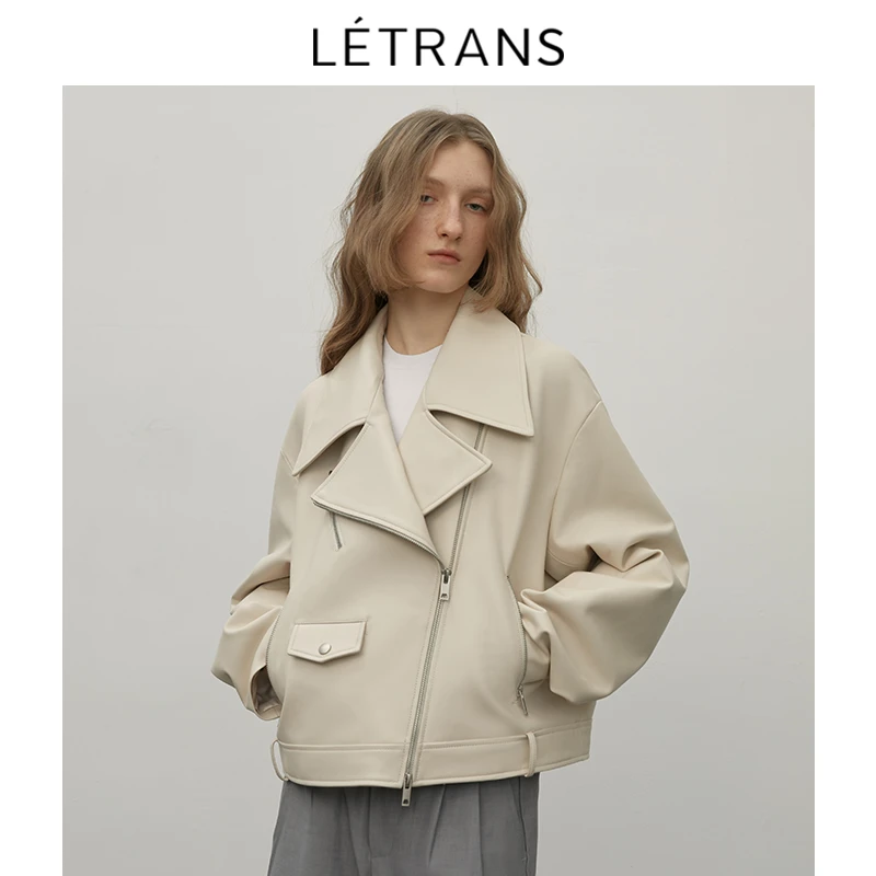【元一LETRANS】复古胶片 机车绵羊皮衣外套女白色真皮皮夹克短款