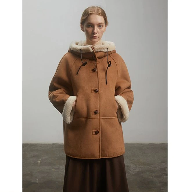 【元一Letrans】丹麦之冬羊剪绒外套女连帽短款仿皮毛一体羊羔毛