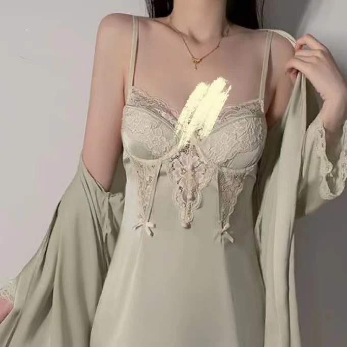 性感钢圈聚拢加胸垫诱惑吊带睡裙外袍家居服套装4240