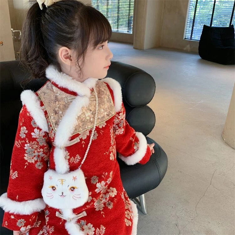 女童旗袍冬装2023新款儿童中国风唐装拜年服加厚夹棉小女孩连衣裙