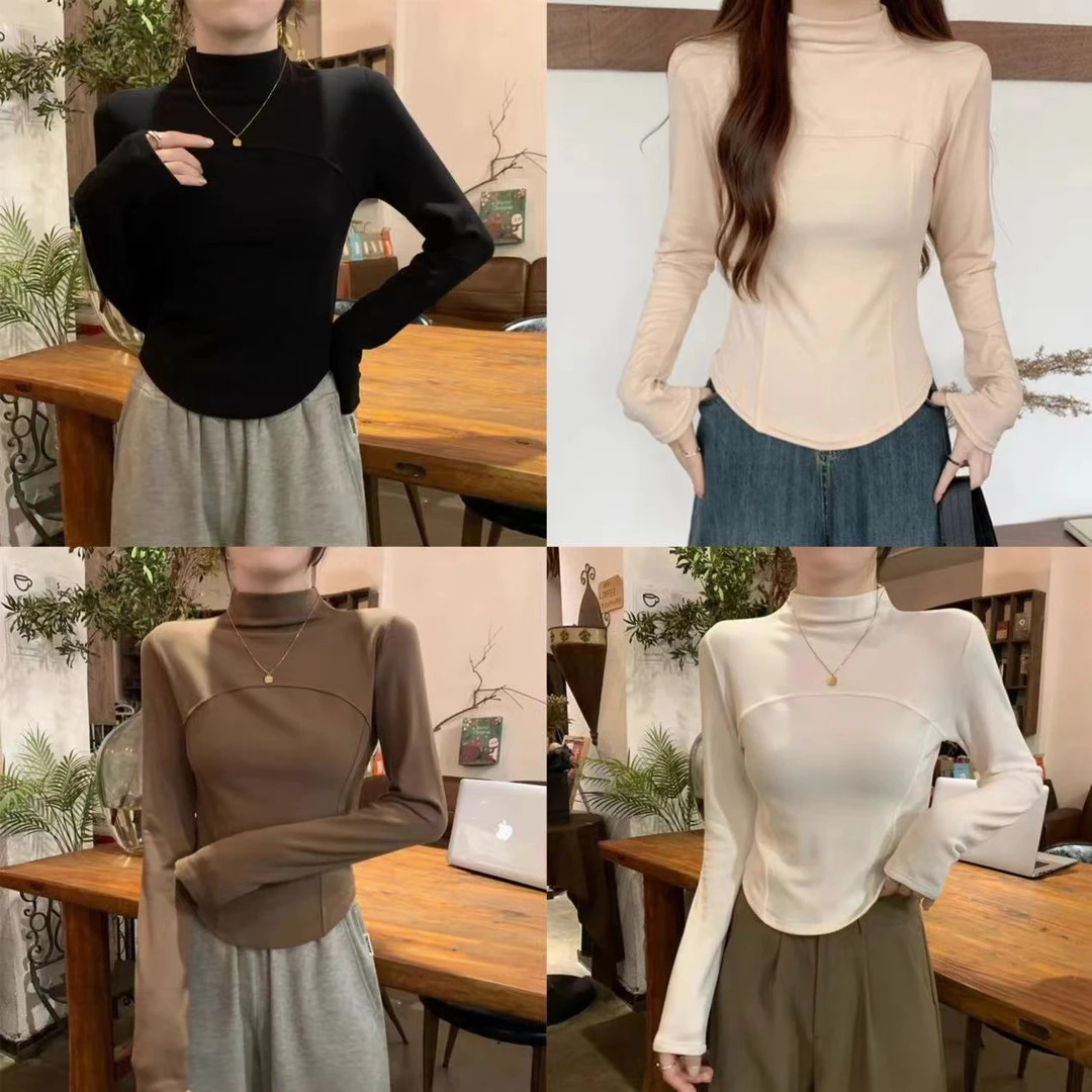 秋冬修身德绒半高领气质内搭洋气打底衫女磨毛显瘦鱼骨上衣66602#