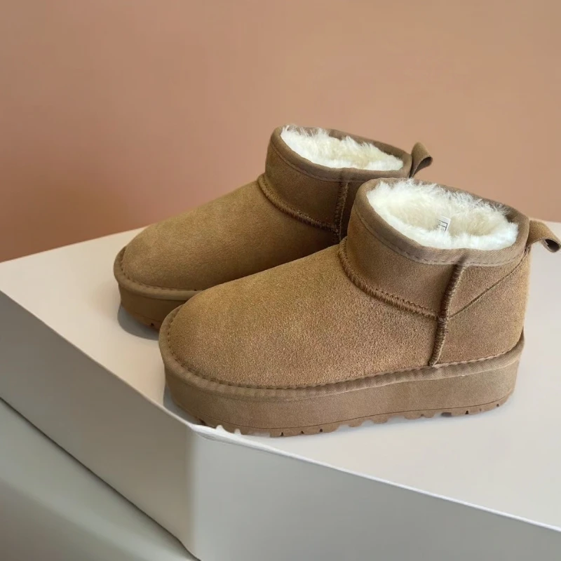 厚底雪地靴周冬雨同款牛皮羊毛女款秋冬雪地靴时尚百搭女士加绒