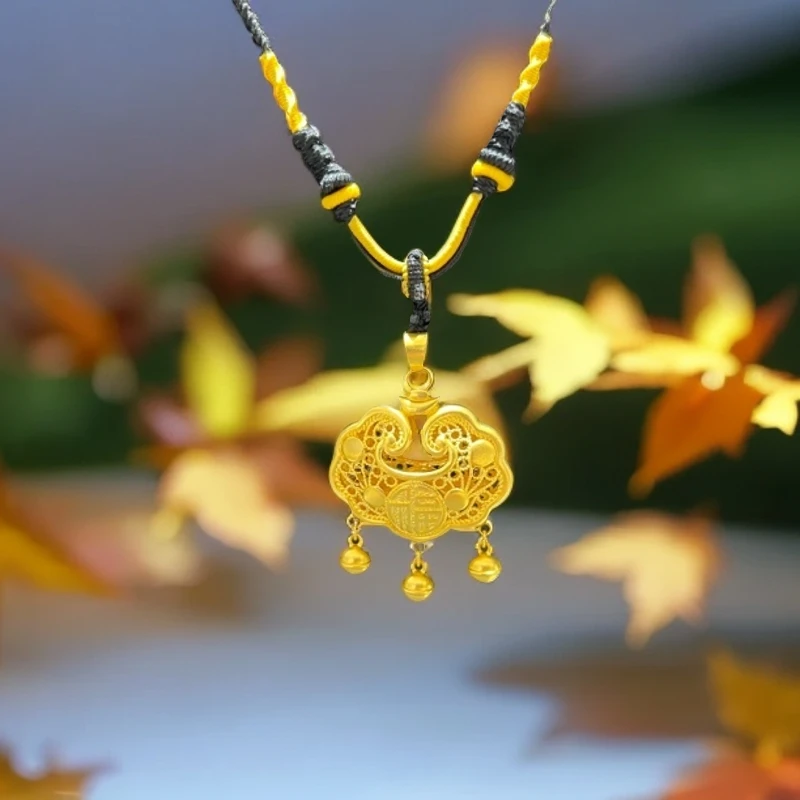 足金【古法玲珑锁带铃铛】吊坠饰品宝宝挂坠足金锁时尚首饰传承素款