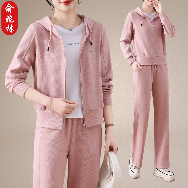 俞兆林妈妈秋装时尚运动服套装中年女士休闲外套春秋连帽开衫上衣