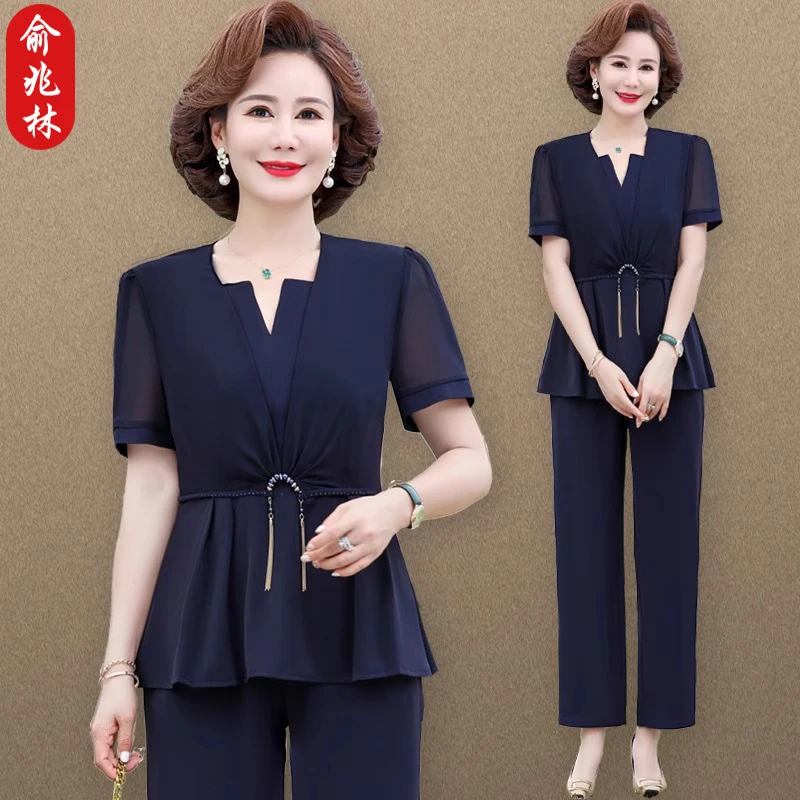 俞兆林中年妈妈夏装套装洋气质休闲中老年女夏季时尚雪纺衫两件套
