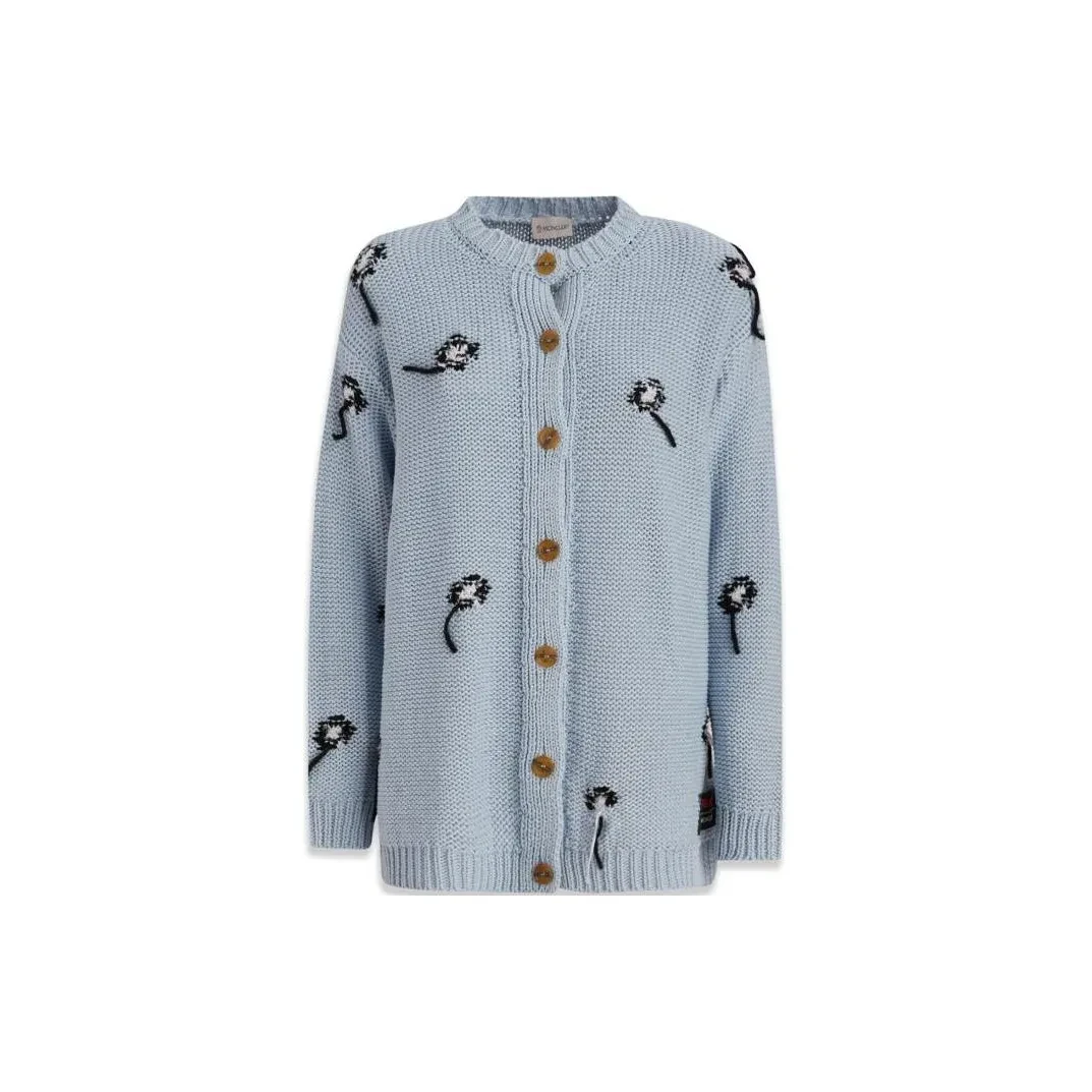 奢邦/Moncler 刺绣圆领纽扣长袖开衫针织毛衣 女款 蓝色