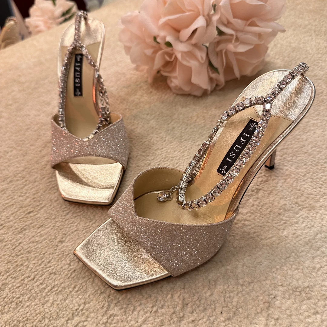 轻奢贵妇  格利特钻带真皮大底方头凉鞋高跟鞋 F6682-2