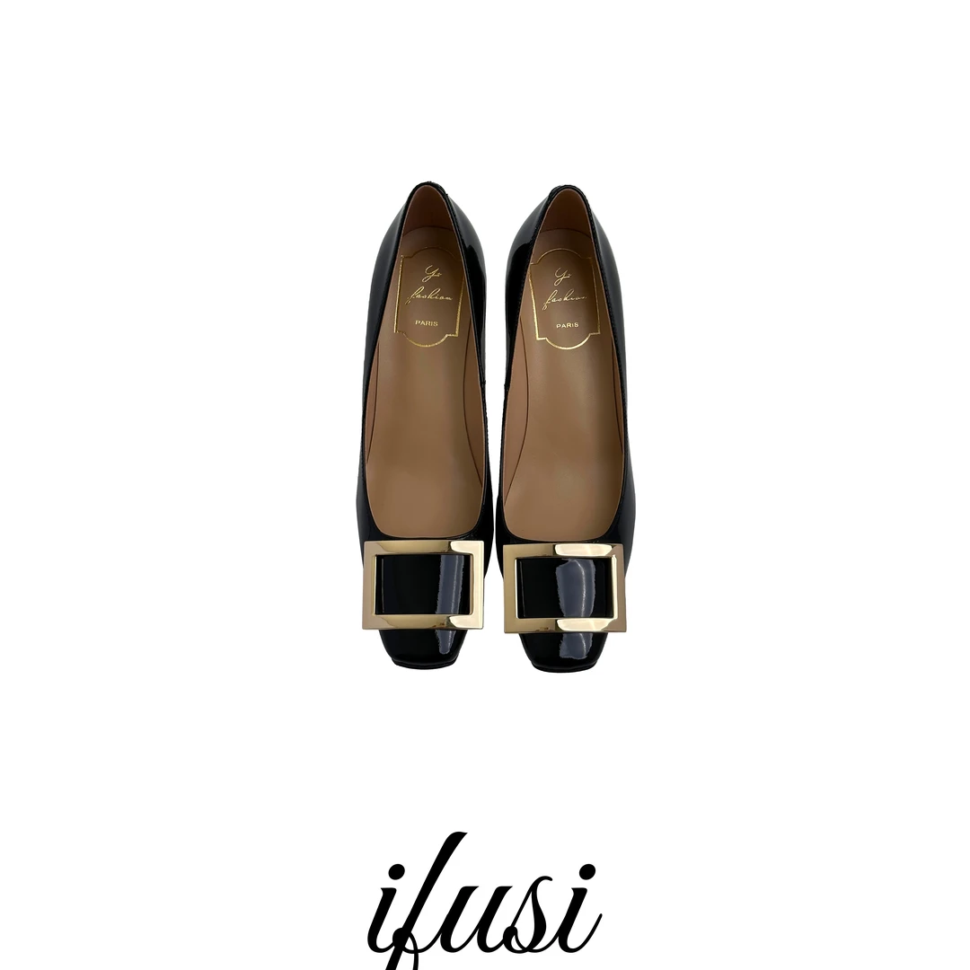 【IFUSI】极简设计小方头漆皮方扣单鞋高跟鞋 2381-1-qp