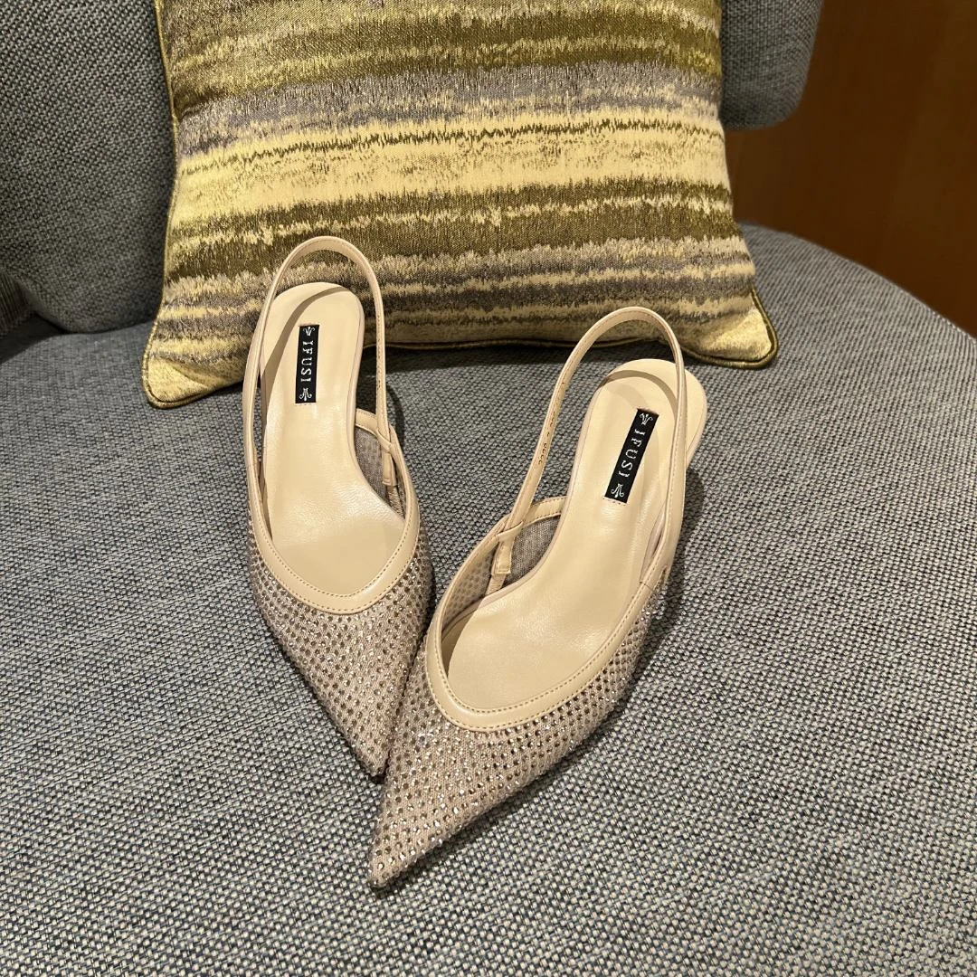 原创网纱烫钻尖头金属圆跟高跟鞋 3338-7