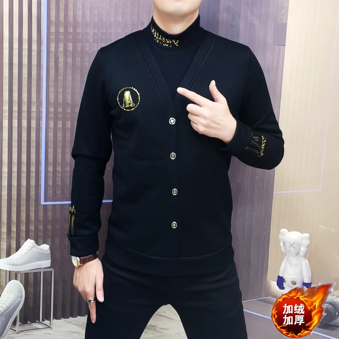 高档时尚欧货秋冬加绒长袖卫衣男士潮流时尚百搭假两件上衣打底衫