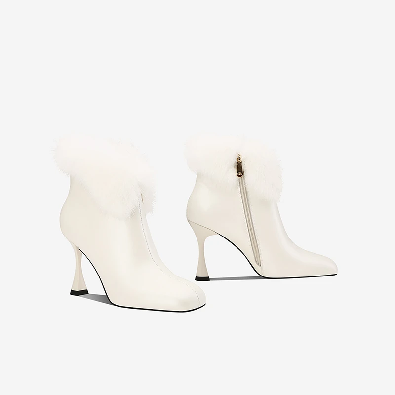 白色真皮设计师短靴女2025秋冬季绒里气质细跟轻奢时尚毛毛高跟鞋