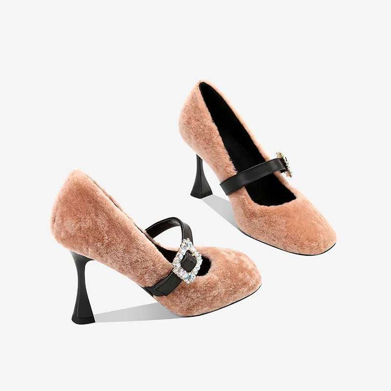 浅口高跟鞋气质毛毛鞋女2025秋冬季黑色细跟方头时尚白色钻扣单鞋