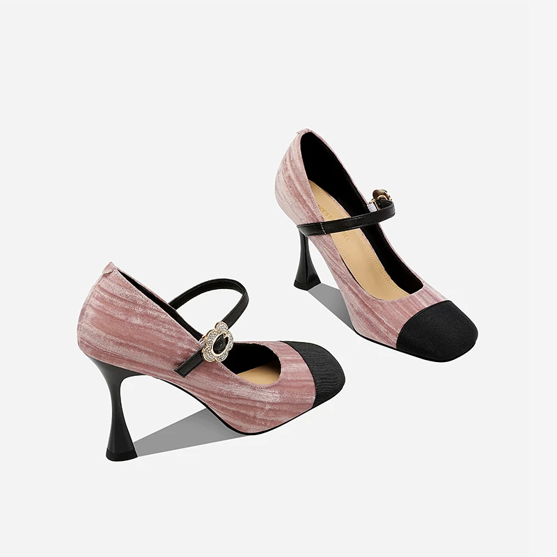 拼色浅口高跟鞋2024春气质时尚真皮百搭玛丽珍细跟一字带方头单鞋