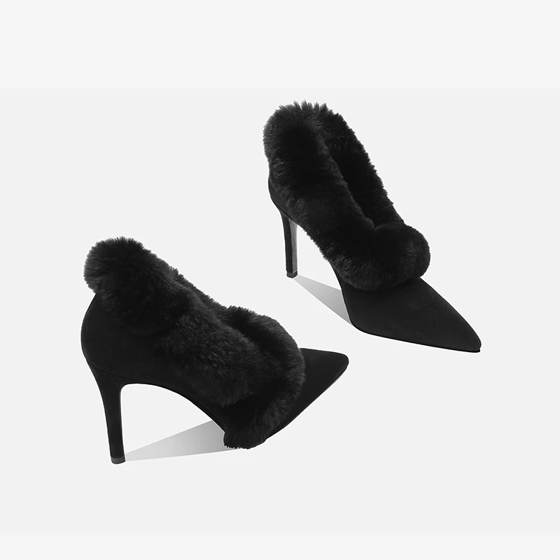 尖头细跟毛毛鞋女2025秋季新款黑色浅口单鞋一脚蹬法式加绒高跟鞋