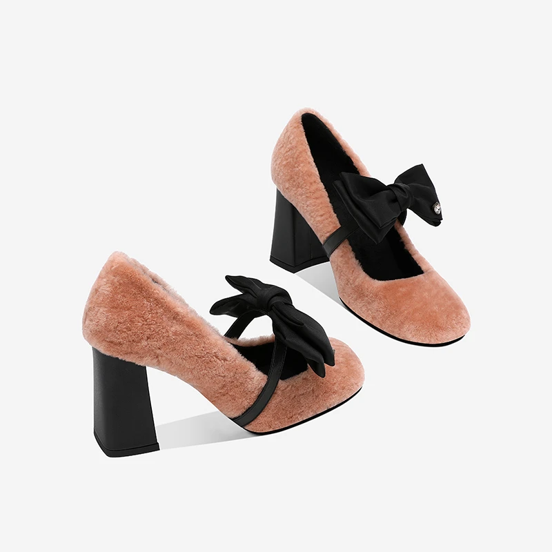 毛毛鞋女外穿2025秋季新款一字带蝴蝶结粗跟单鞋浅口玛丽珍高跟鞋