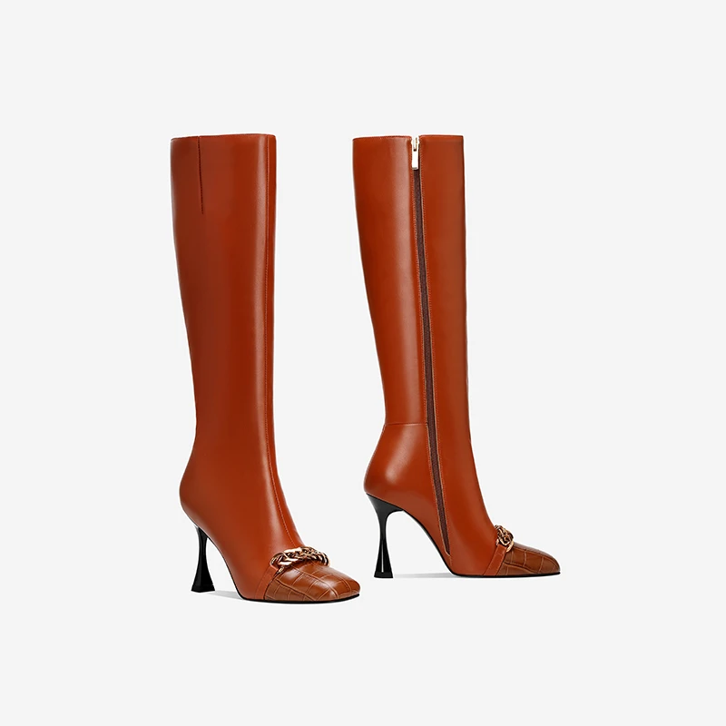 真皮细跟长靴女2025冬季新款靴子不过膝骑士靴方头高跟显瘦长筒靴