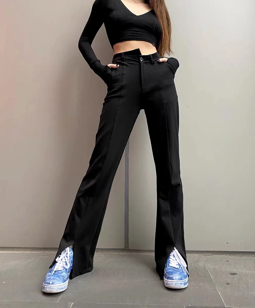 【DB QUEEN原创】MANDALA设计高腰开叉直筒修身垂感拖地阔腿长裤