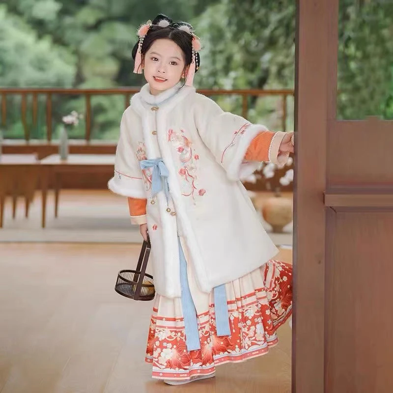 原创汉服女童明制方领半袖披袄马面裙套装秋冬季儿童中国风拜年服