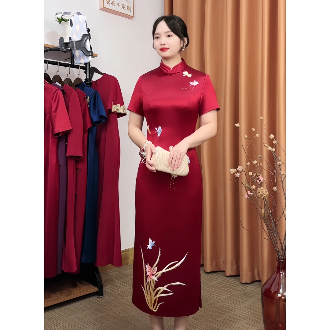 吾缝喜婆婆喜妈妈绣花旗袍中长款酒红大气喜旗袍领高档中式中式