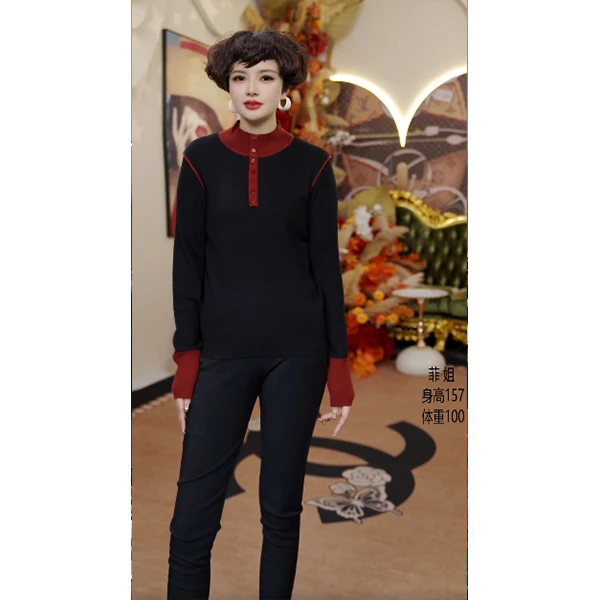 Q803 菲姐时尚气质短款秋冬复古百搭长袖圆领上衣