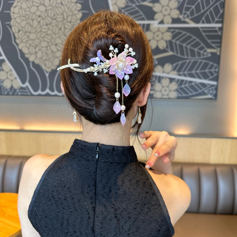 彬妮奢流苏荷花时尚气质国风简约盘发夹精致百搭古风素款发夹