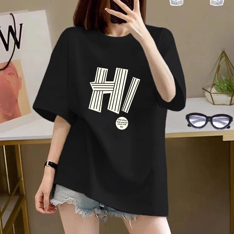 纯棉短袖t恤女夏季新款韩版宽松印花中长款遮屁股显瘦洋气上衣ins