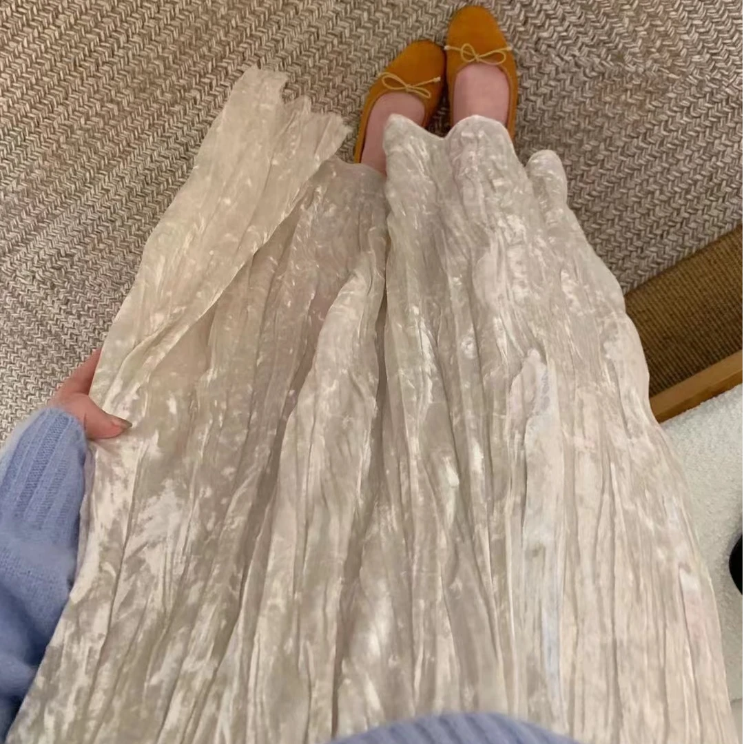 相菲一韩版休闲丝绒百褶裙女 2024秋季新款显瘦中长款松紧腰A字裙