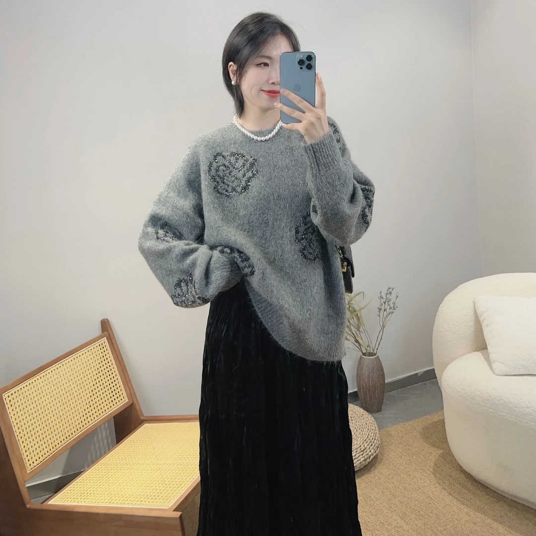 相菲一秋冬加厚慵懒风羊驼毛花朵重工套头毛衣女 欧韩休闲针织衫