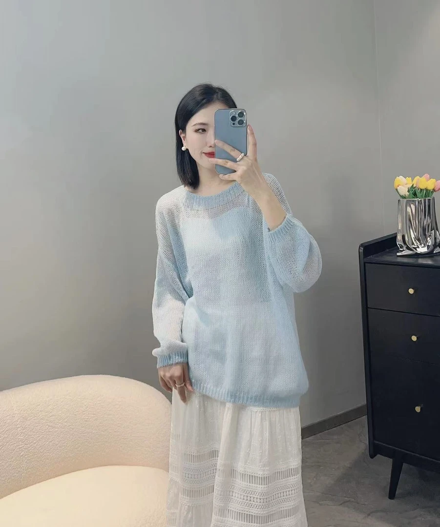 相菲一春夏新款马海毛薄款针织衫韩版慵懒风长袖宽松镂空罩衫女