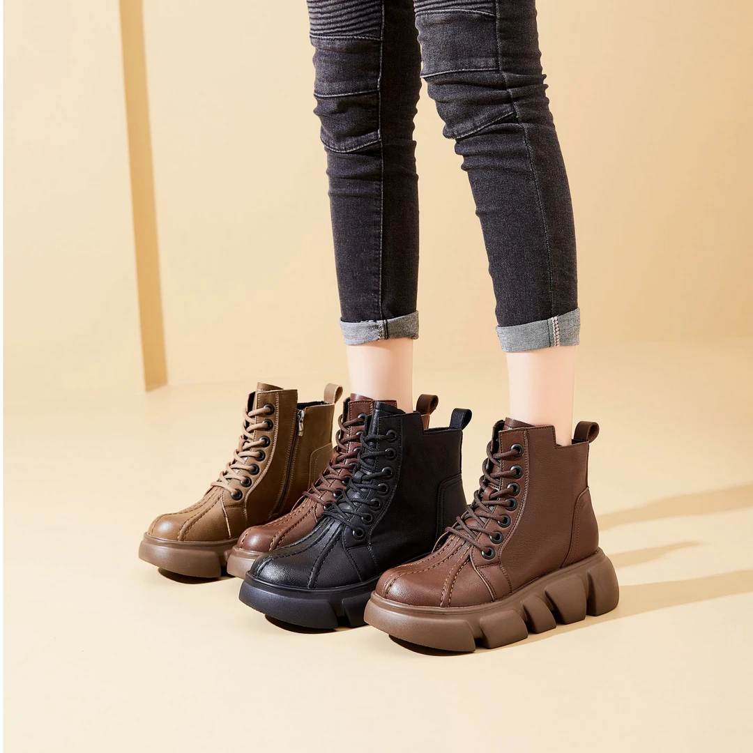 秋冬复古马丁靴厚底百搭英伦风时尚软底系带圆头秋季高帮休闲