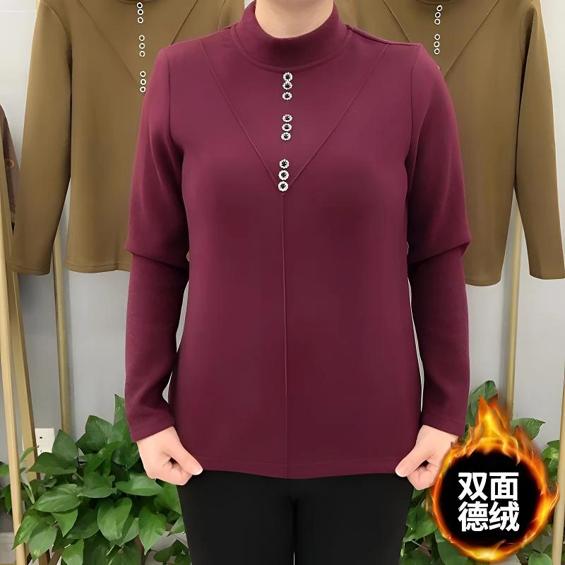 秋冬新款中年妈妈装半高领双面绒宽松遮肚子加绒中老年打底衫上衣