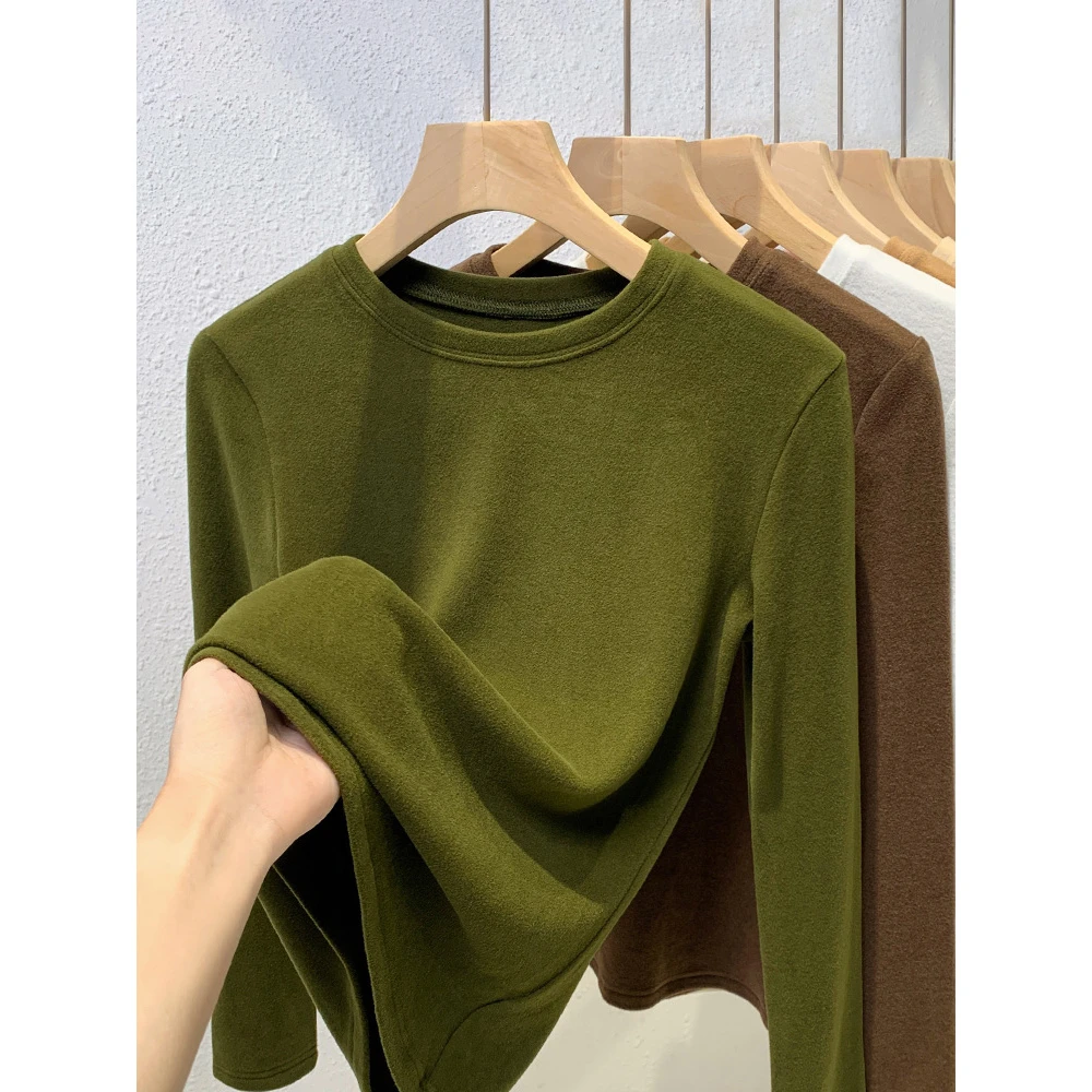 双面德绒打底衫女内搭一体绒加厚保暖内衣秋冬新款牛油果绿上衣女