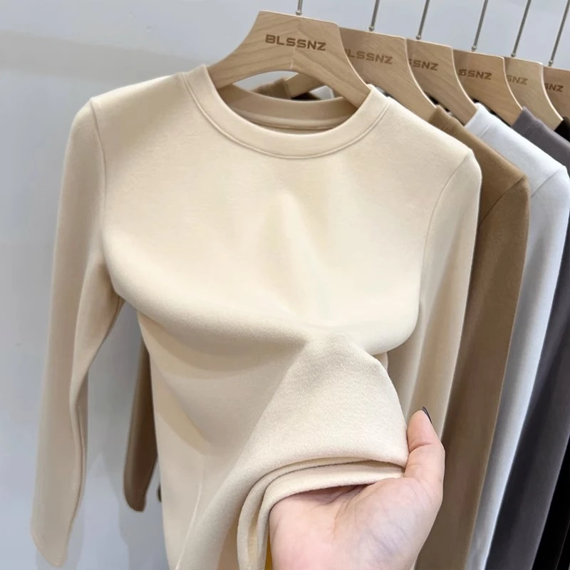 双面德绒圆领打底衫女秋冬加绒加厚紧身内搭打底上衣纯色长袖t恤