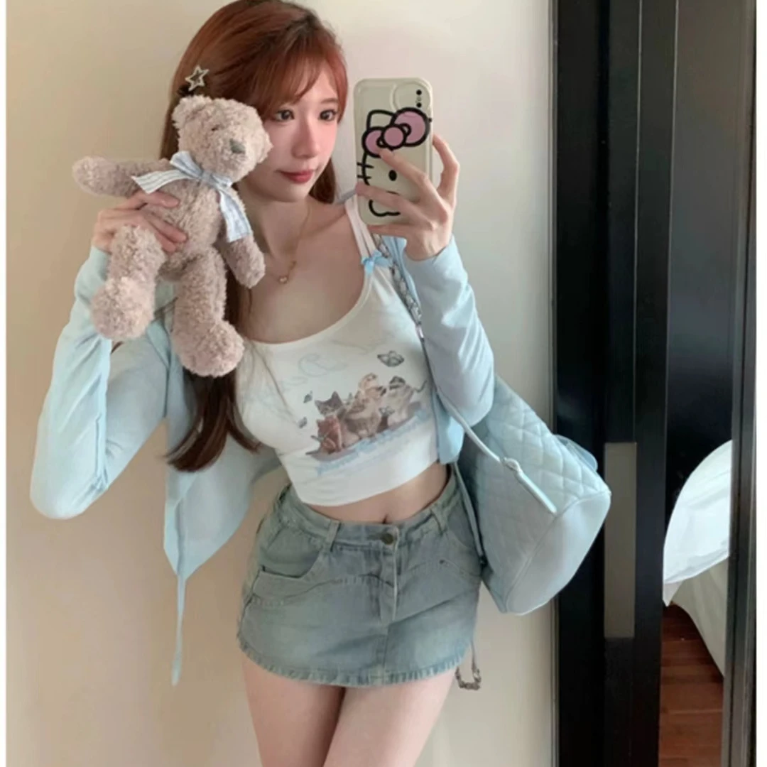 【22-29以直播间展示为准】吊带辣妹猫咪印花纯欲蝴蝶结短款背心