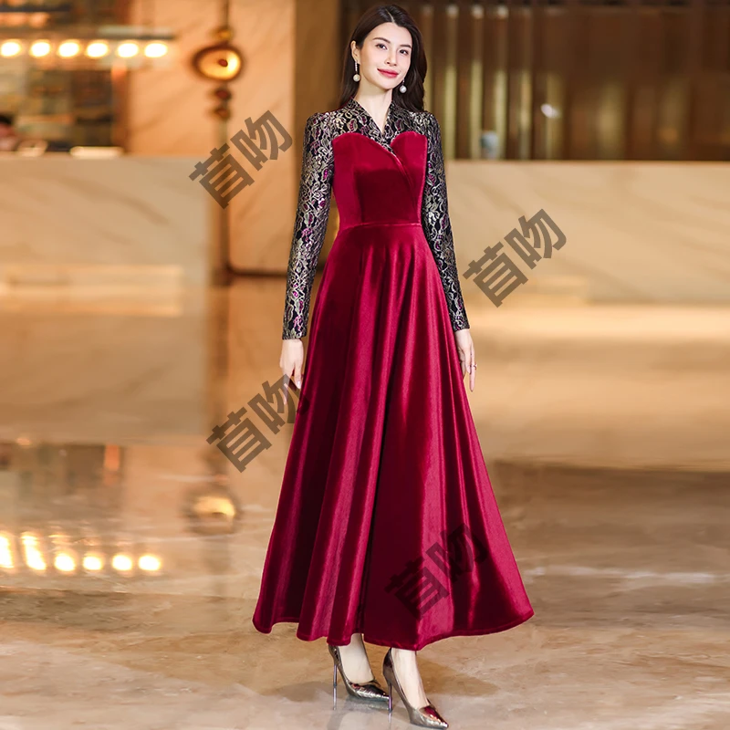 秋冬新款连衣裙2025女撞色拼接时尚高级感修身显瘦长款及脚踝裙子