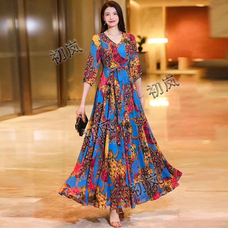 高级感大摆长裙夏季新款民族风修身气质时尚优雅及脚踝连衣裙3001
