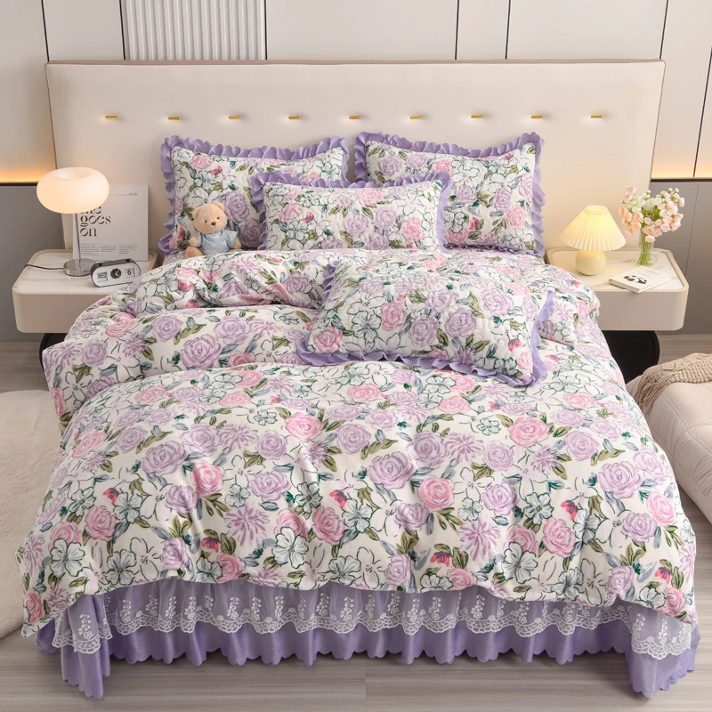 床品套件床盖款加厚韩式印花公主风公主风奶绒小清新小碎花