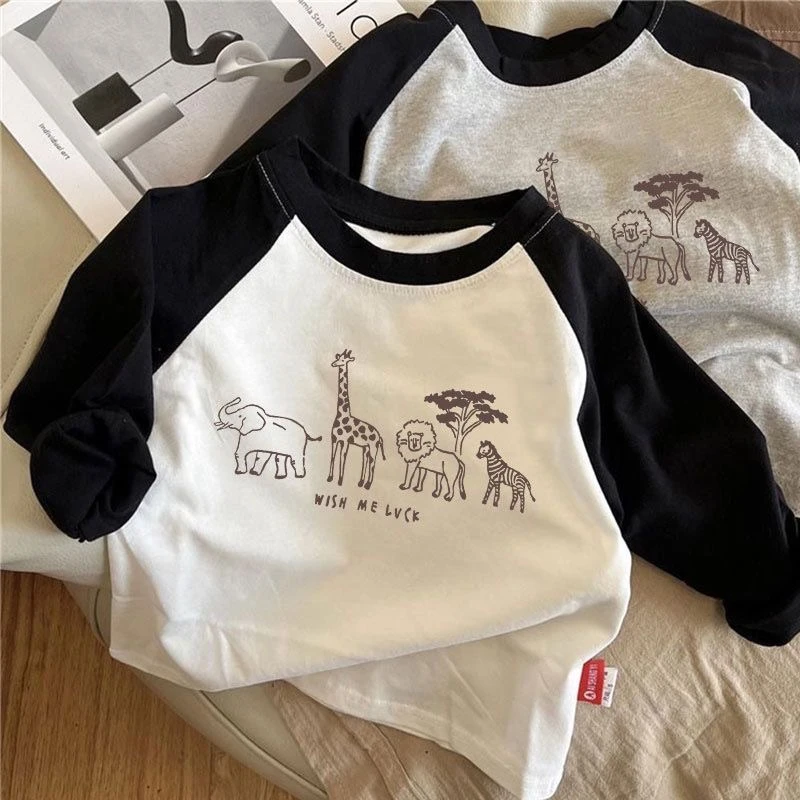 纯棉男女童插肩长袖t恤春秋装2023新款卡通儿童上衣中小童打底衫