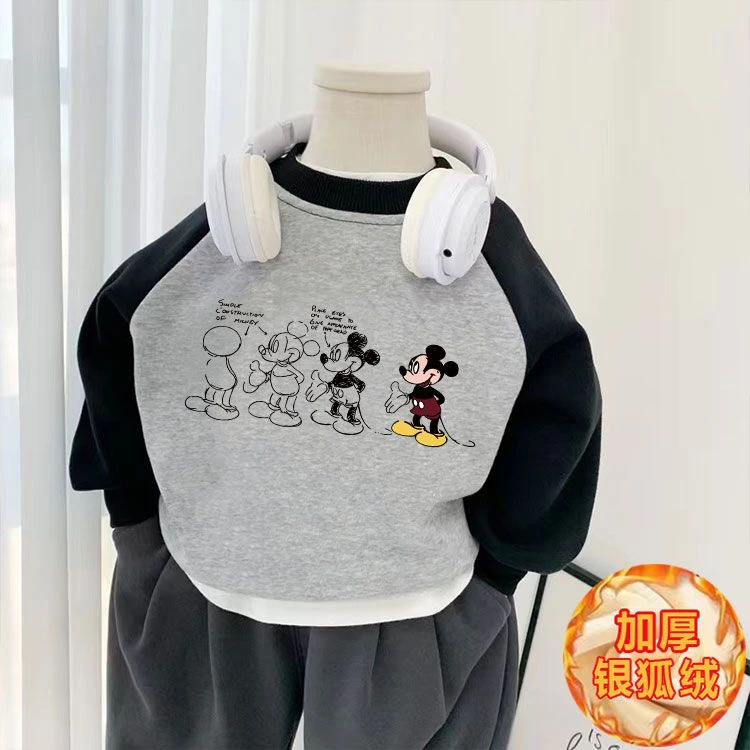 儿童秋冬装女宝男宝加绒卫衣宝宝冬季新款童装米奇插肩袖加绒卫衣