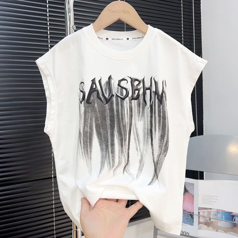 男童无袖T恤纯棉夏季新款儿童印花个性帅气上衣中大童夏装男孩潮t