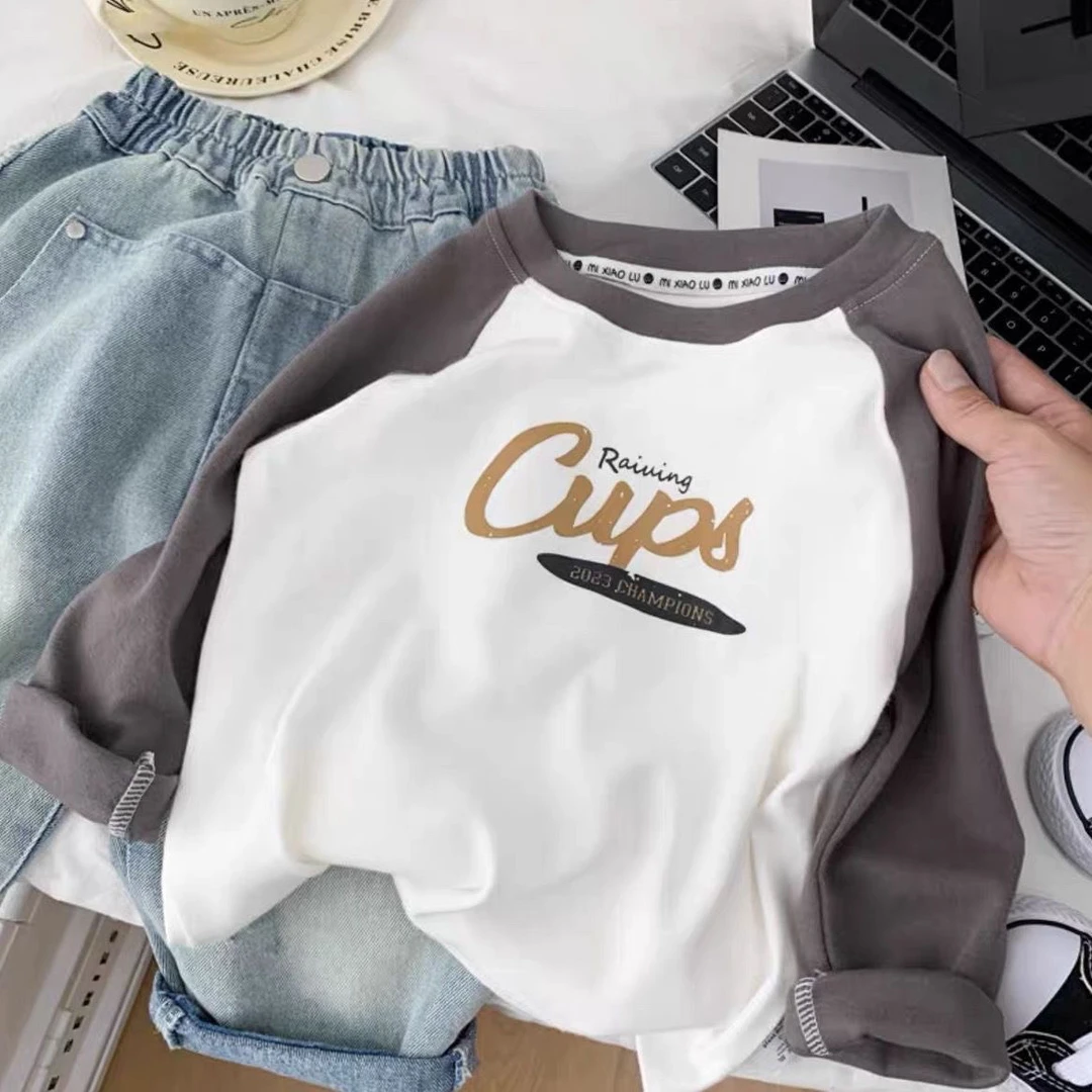 男童圆领长袖T恤春秋装新款儿童纯棉插肩袖t上衣中小童女童打底衫