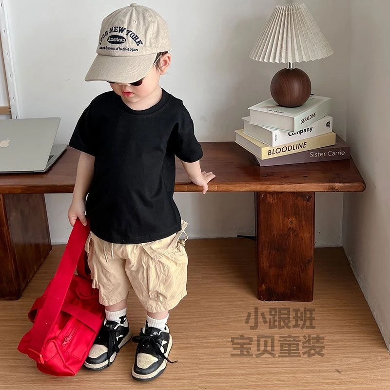 100%纯棉短袖T恤纯色夏季新款男女中小儿童宝宝帅气白色薄款上衣t