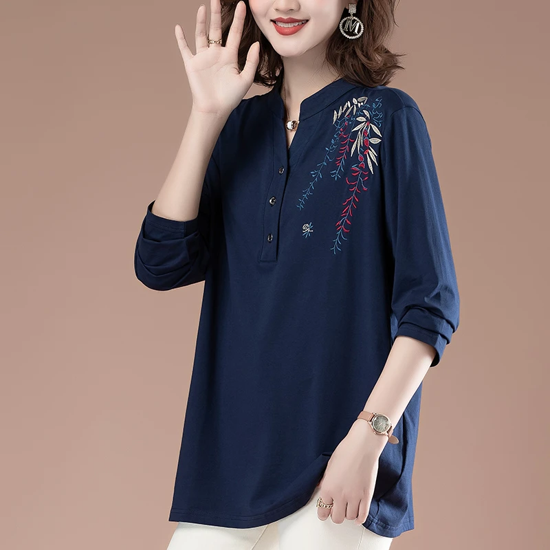 中老年女装春秋立领长袖t恤女洋气宽松加肥加大码加宽加大女装