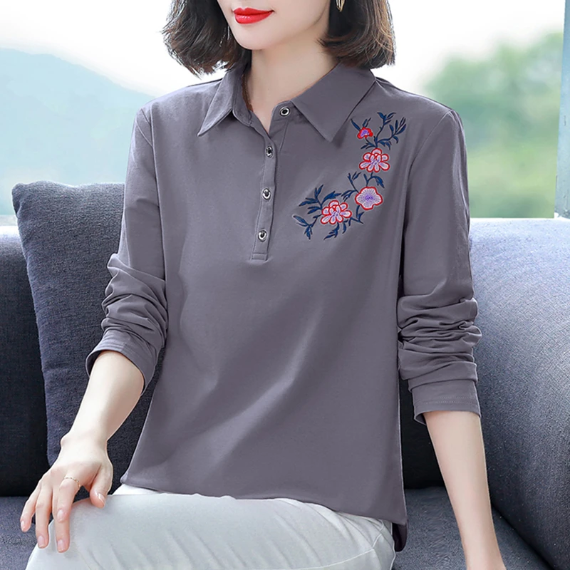 妈妈全棉长袖衬衫t恤女时尚洋气2023秋装新款中长款翻领纯棉上衣