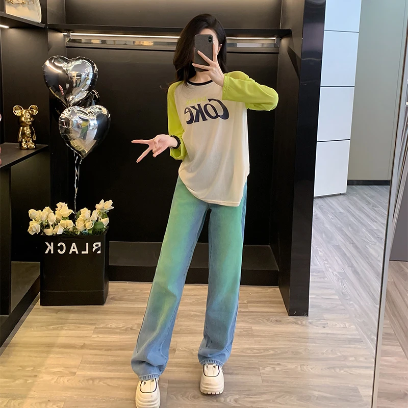 拼接长袖上衣女早秋内搭2024新款韩系渐变牛仔长裤百搭时尚套装潮