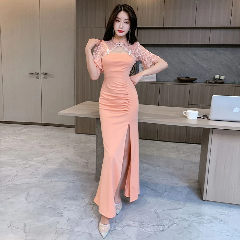 夜店酒吧性感蕾丝连衣裙低胸长裙晚礼服显瘦包臀SPA沐足疗工作服