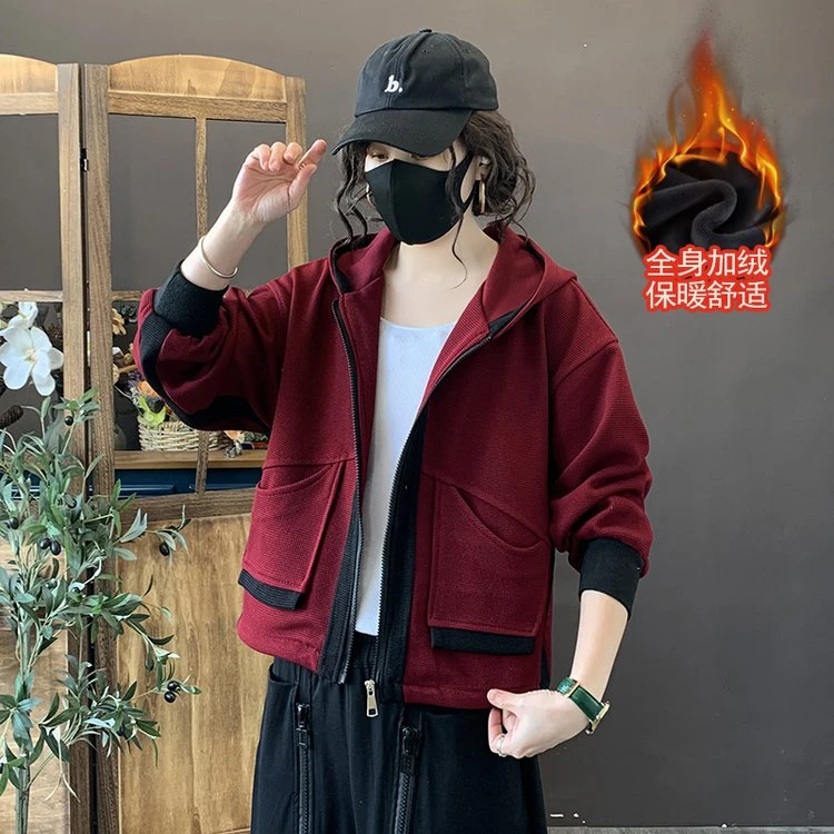 秋冬华夫格女士上衣加绒加厚连帽外套女宽松休闲开百搭衫夹克洋气