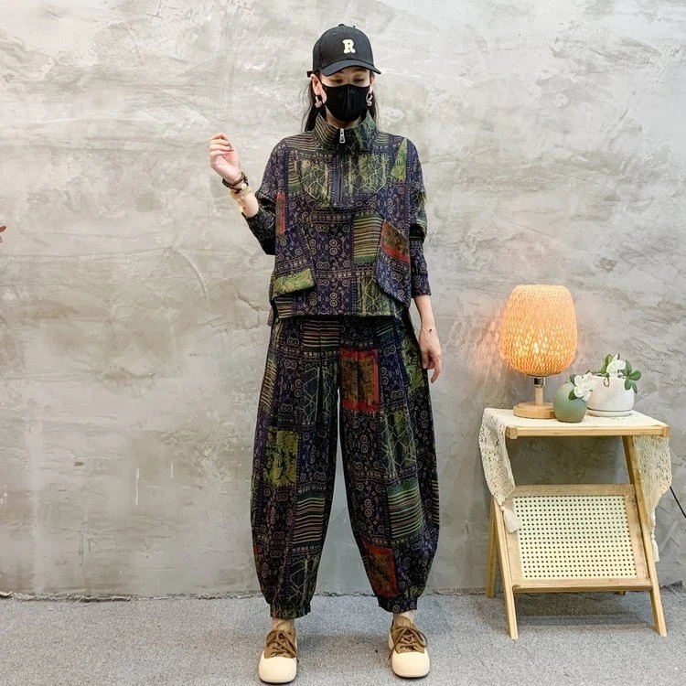 2024秋季新款复古民族风印花套装女宽松大码休闲立领外套哈伦裤潮