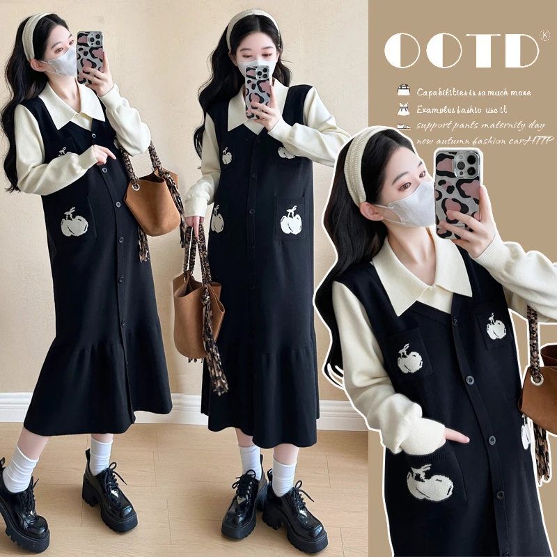 2025秋冬新款孕妇装时尚假两件小香风樱桃提花高品质包芯纱连衣裙